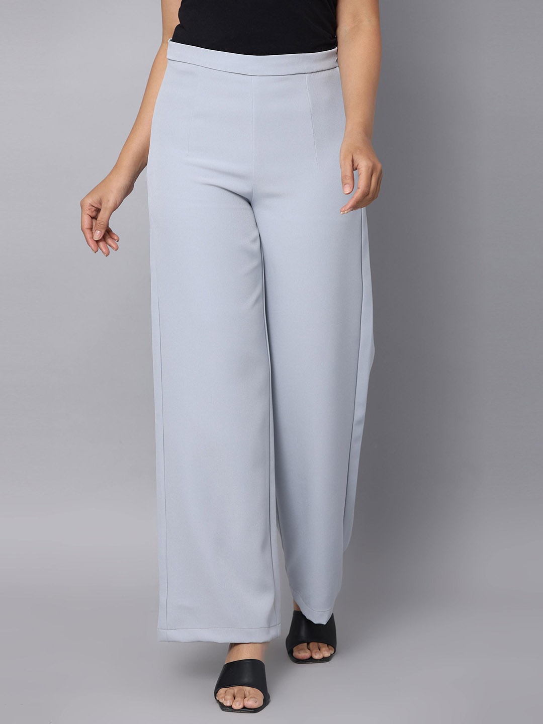 

URBAN POCHE Women Relaxed Straight Fit High-Rise Trousers, Grey