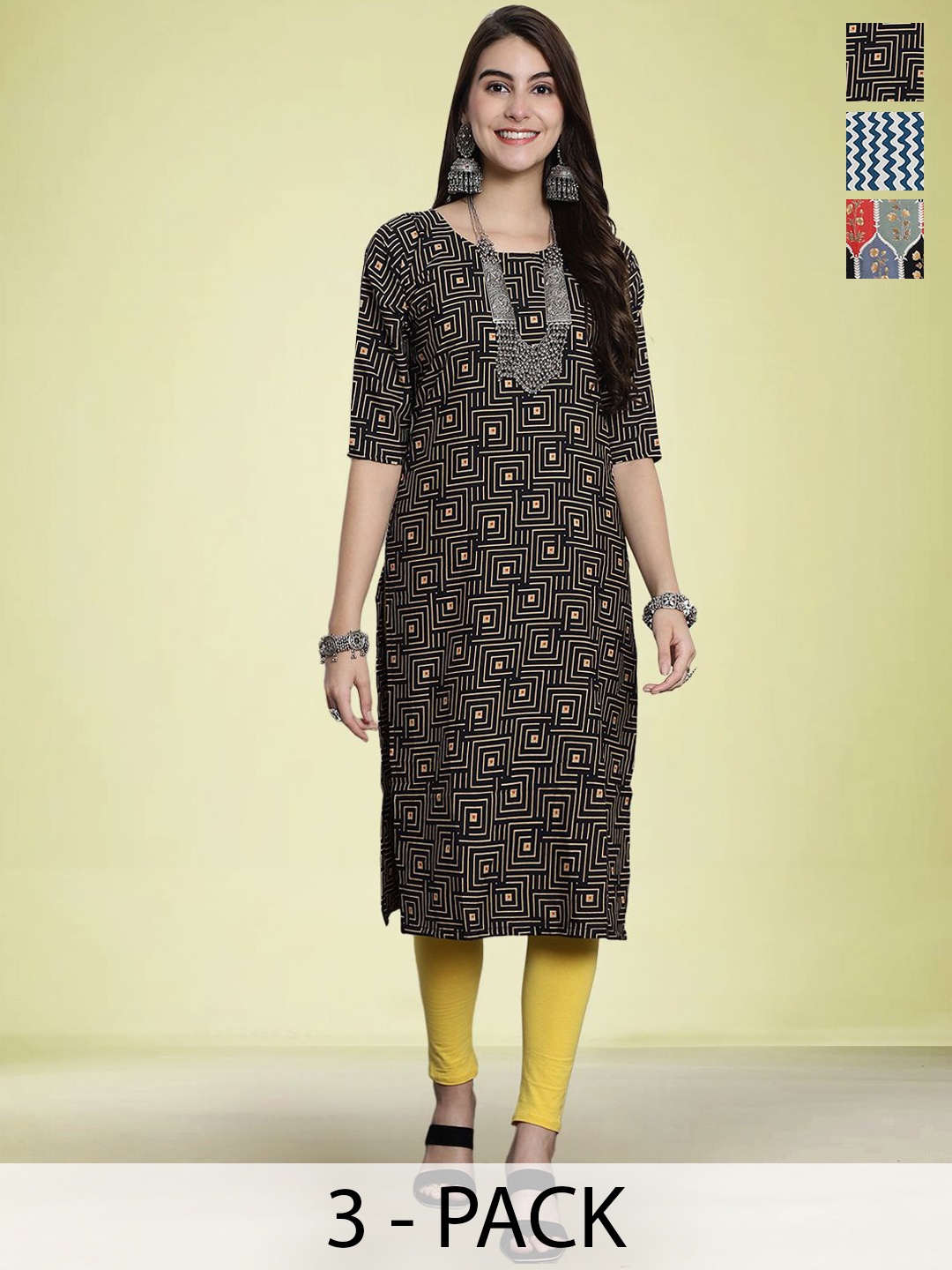 

Moda Rapido Selection Of 3 Floral Printed Round Neck Straight Kurtas, Grey