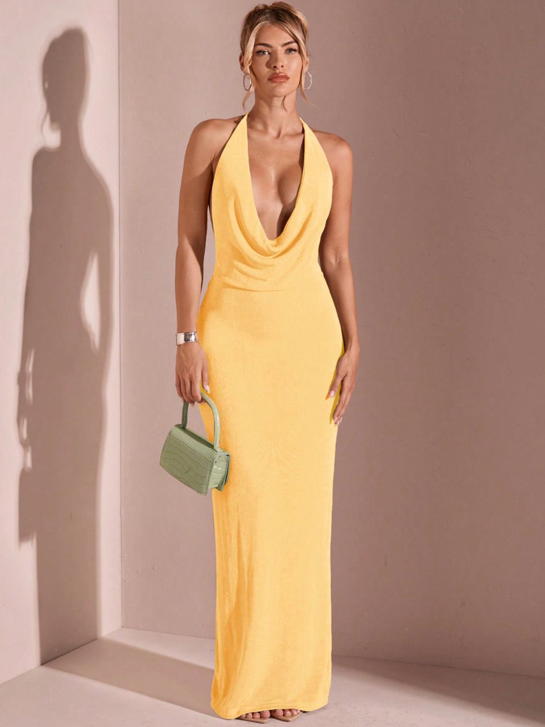 

CLAFOUTIS Cowl Neck Crepe Maxi Dress, Yellow