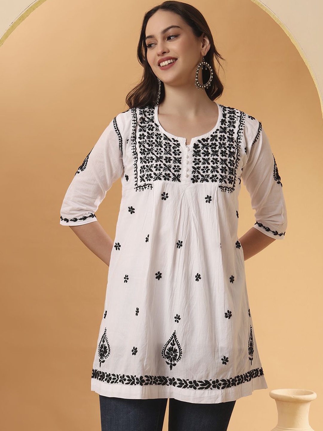 

The Chikan Label Women Hand Embroidered Chikankari Short Kurta, White