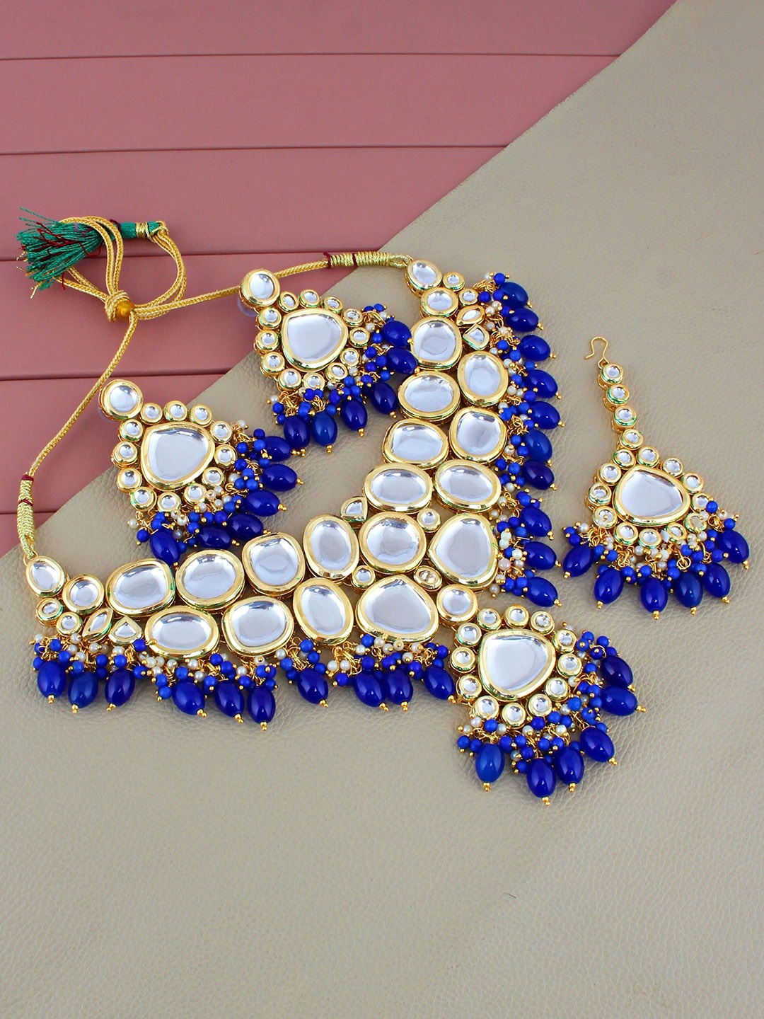 

LUCKY JEWELLERY 18K Gold-Plated Kundan-Studded Necklace And Earrings With Maang Tika