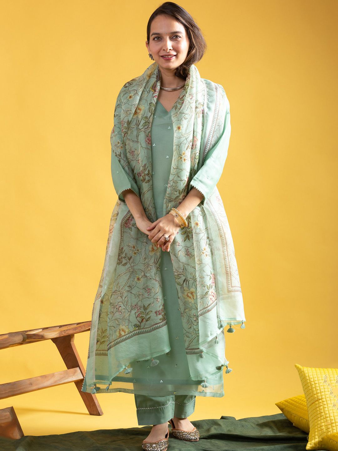 

Lilots Women Embroidered Regular Kurta with Trousers & With Dupatta, Green