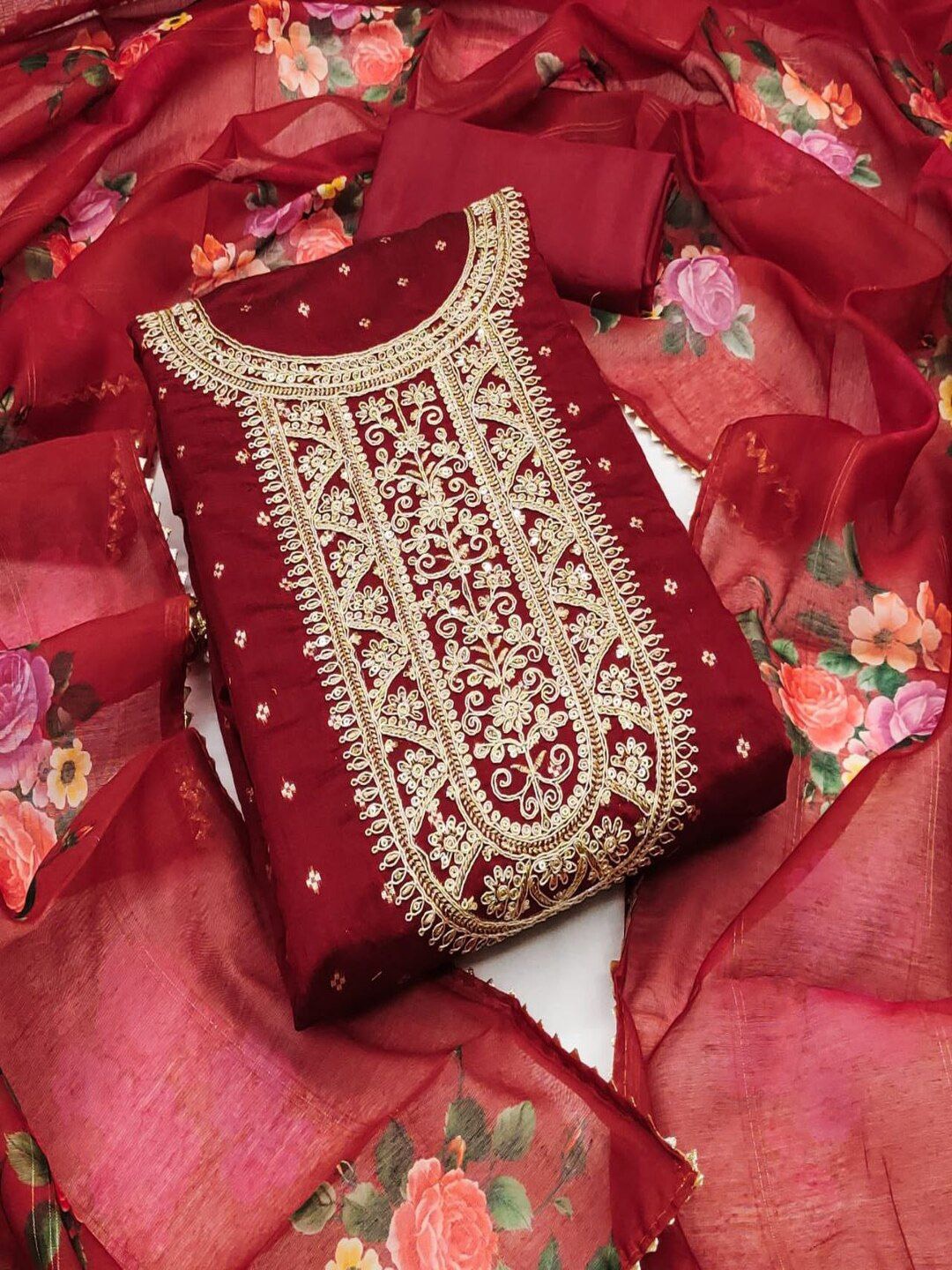 

SHIJILA Floral Woven Design Sequinned Unstitched Dress Material, Maroon