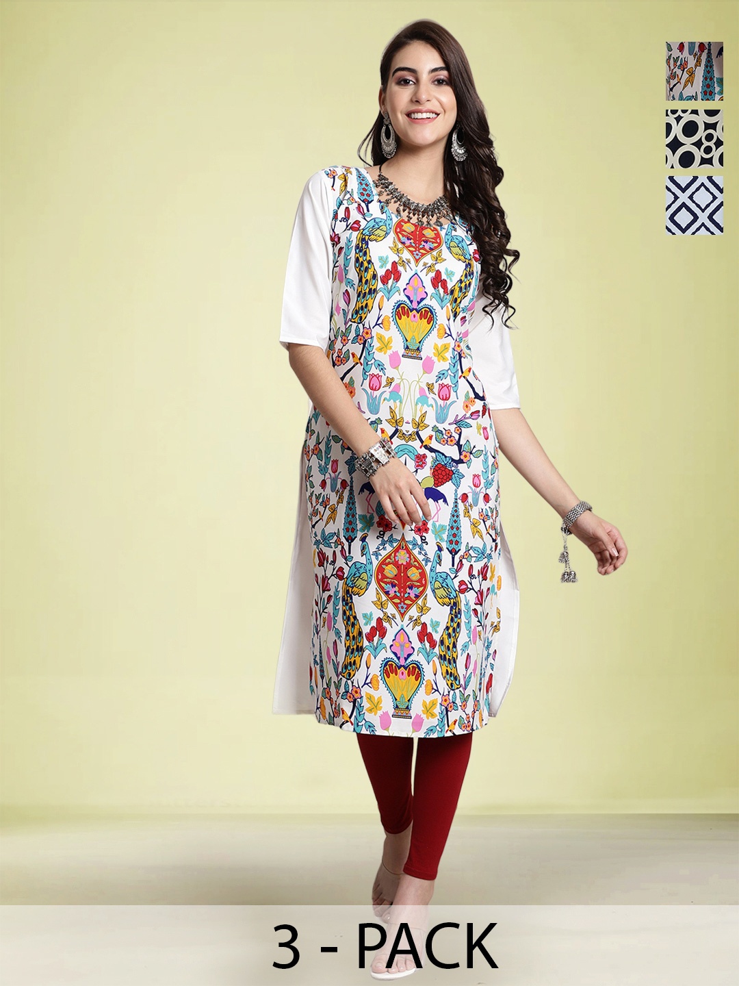 

Moda Rapido Selection Of 3 Ethnic Motifs Printed Round Neck Straight Kurtas, White