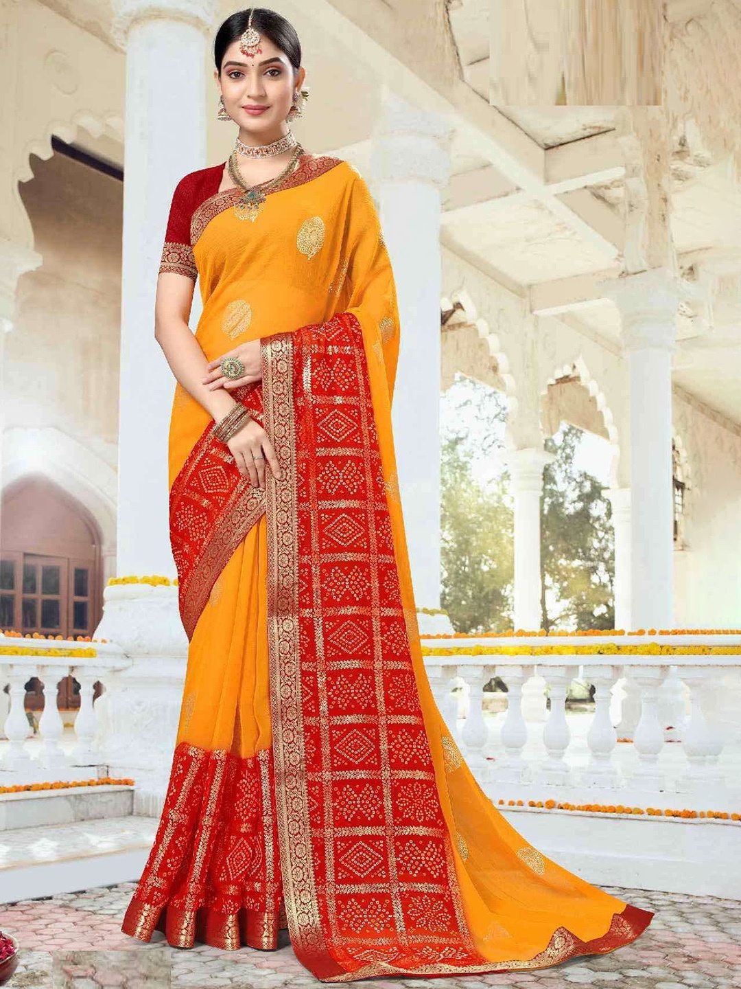 

Reboot Fashions Bandhani Zari Pure Georgette Block Print Saree, Yellow