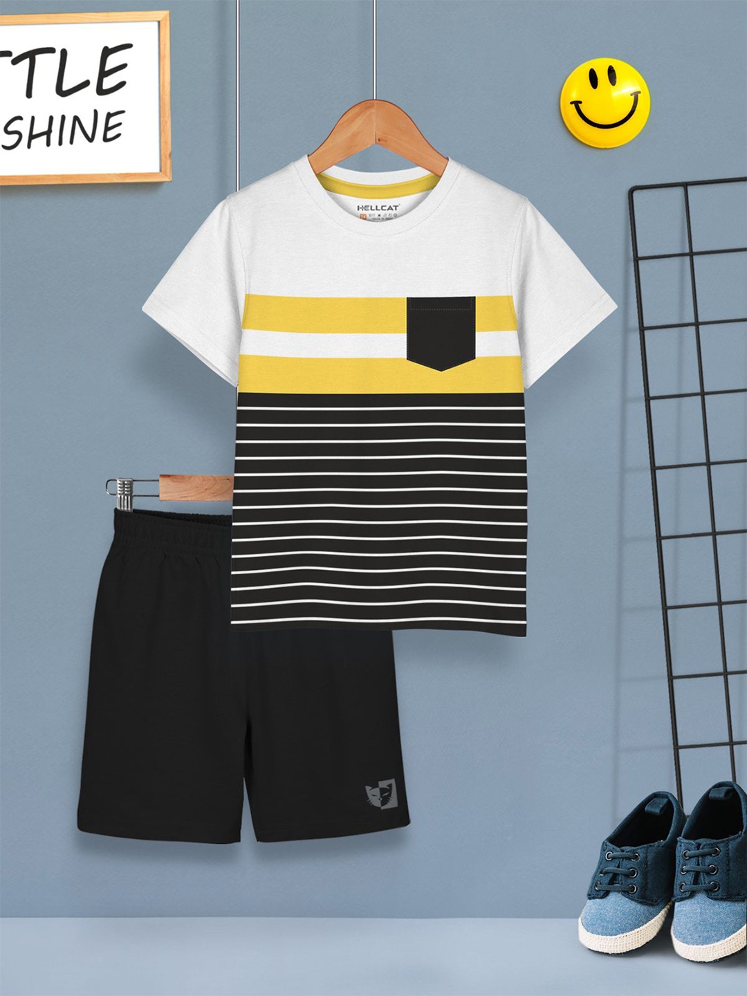 

HELLCAT Boys Striped Round Neck T-Shirt With Shorts, Black