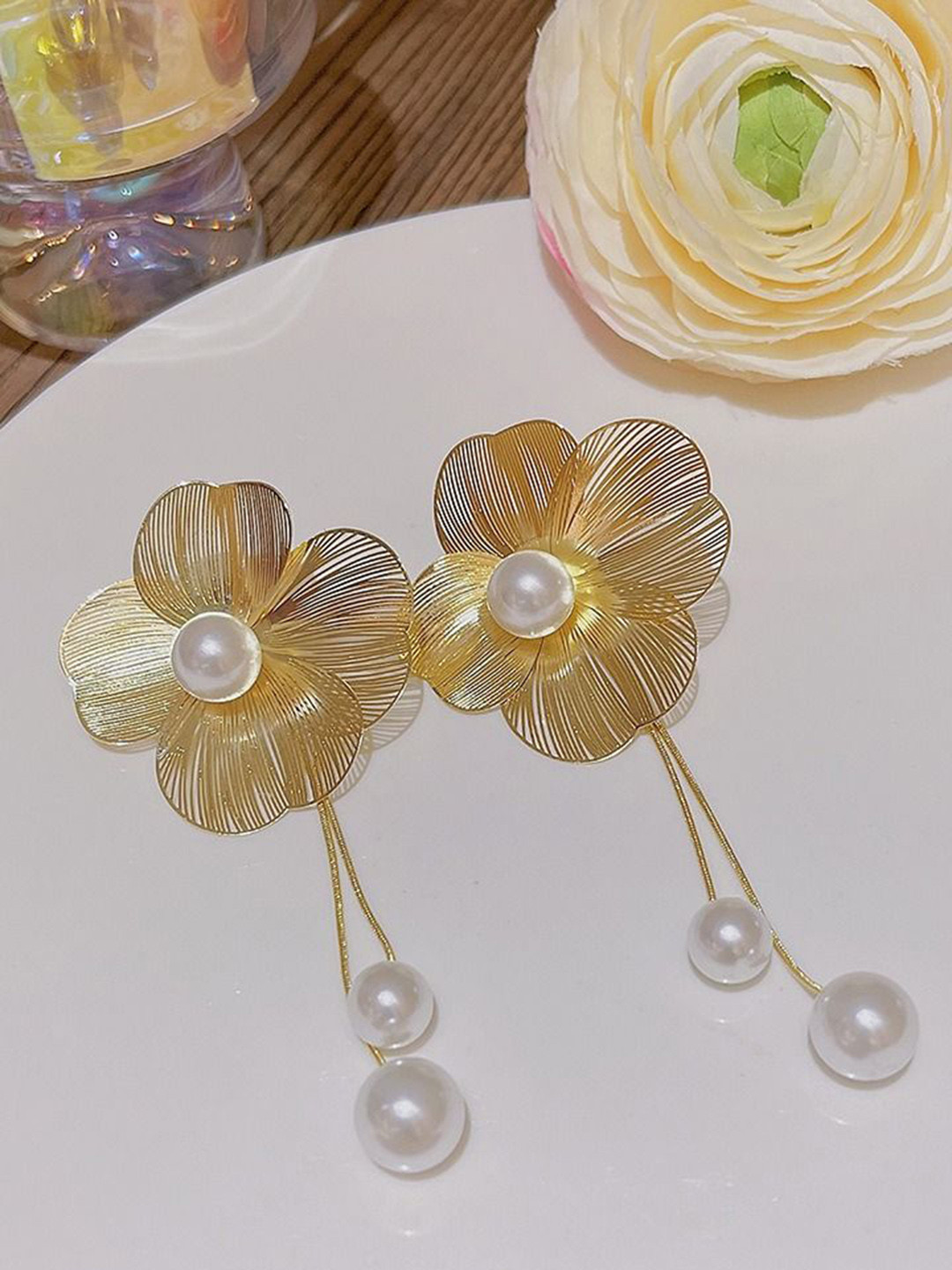 

KRYSTALZ Stainless Steel Gold-Plated Floral Shaped Drop Earrings