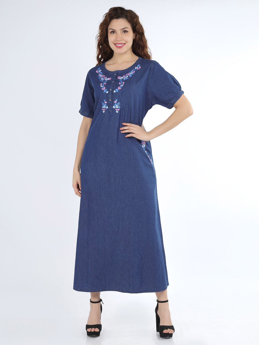 

CEFALU Floral Embroidered Puff Sleeve Denim A-Line Maxi Dress, Blue