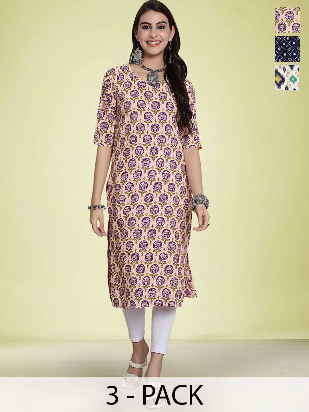 

Moda Rapido Selection Of 3 Floral Printed Round Neck Straight Kurtas, Peach