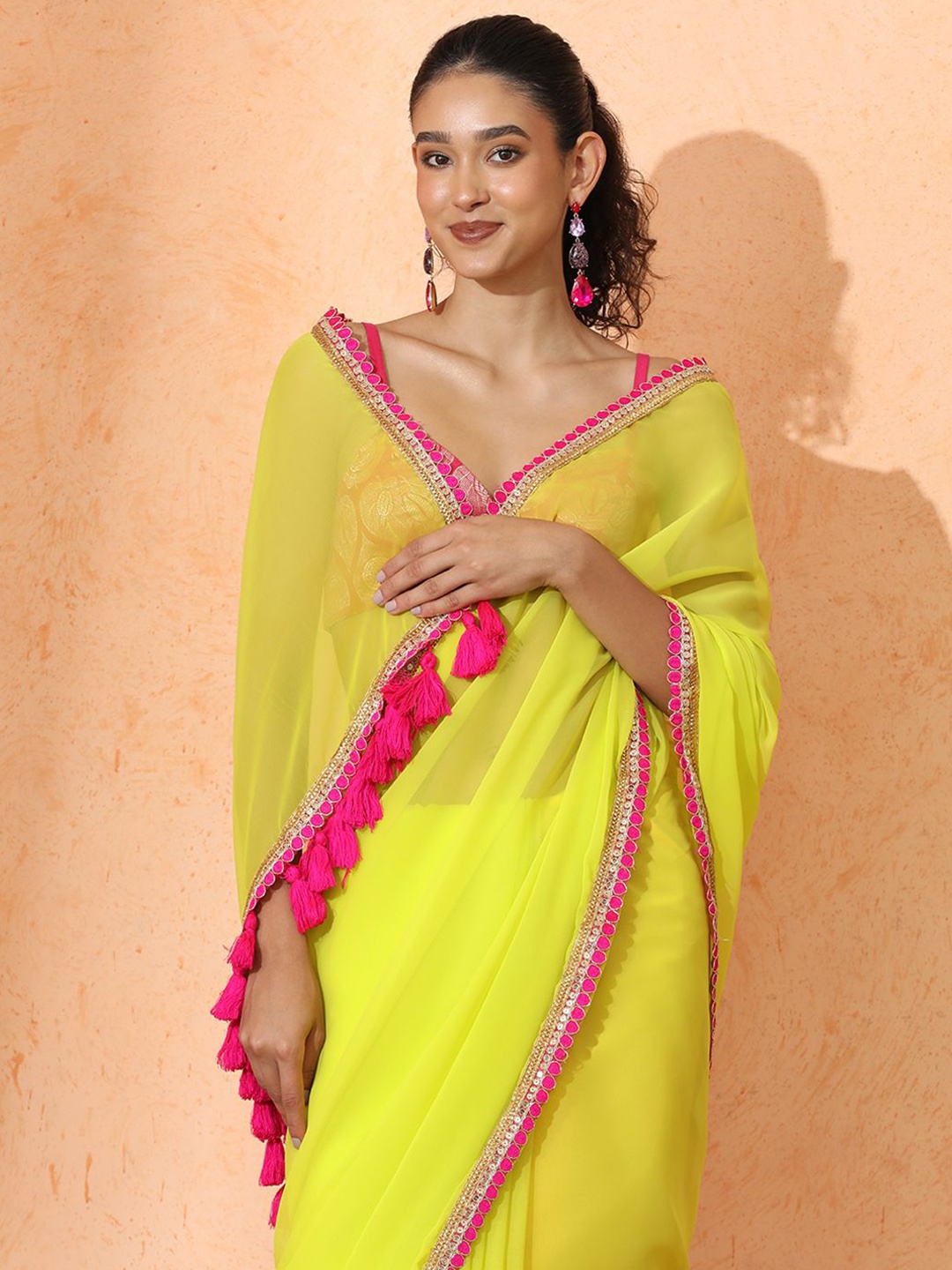 

Jaipur Kurti Embellished Pure Georgette Designer Saree, Lime green