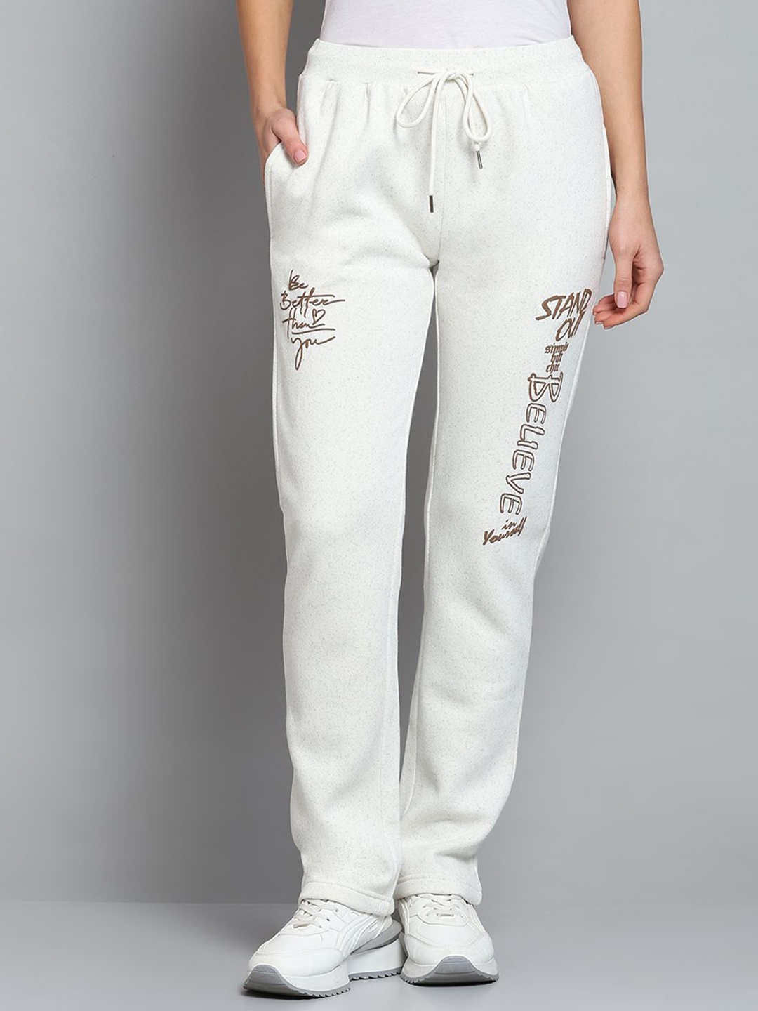 

Monte Carlo Women Typo Graphic Printed Drawstring Mid Rise Track Pants, Off white