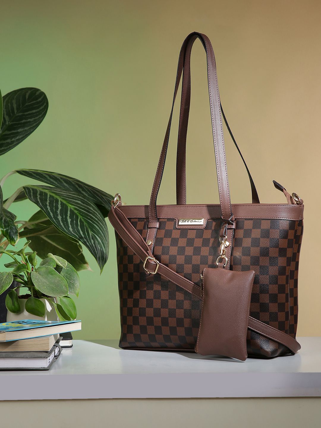 

Mast & Harbour Checked Structured Tote Bag, Brown