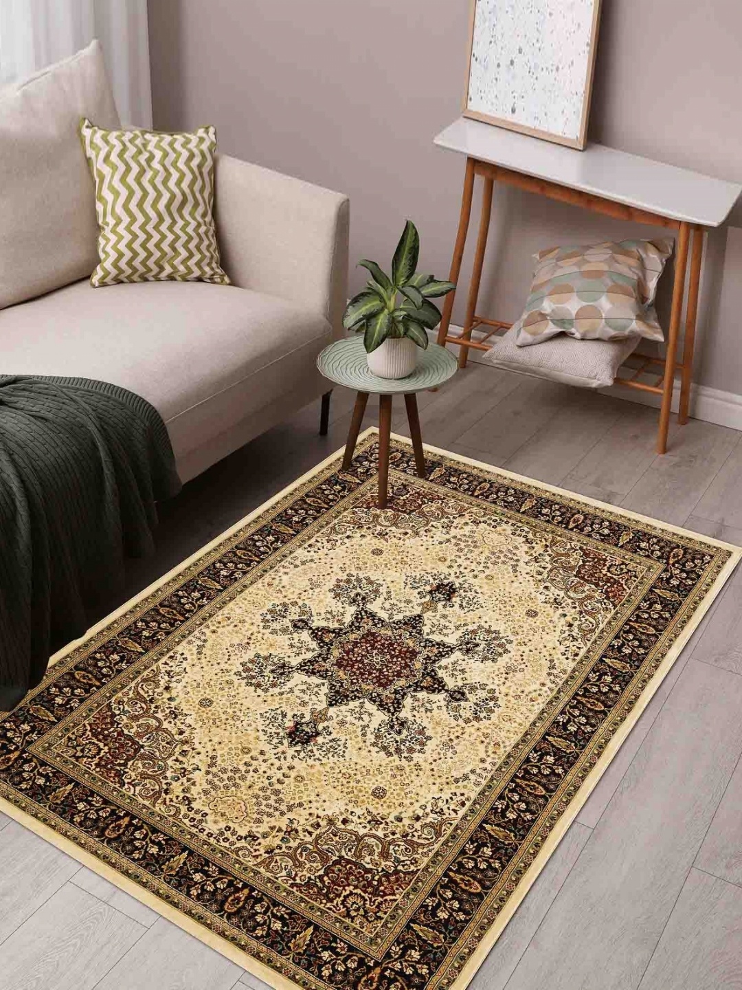 

OBSESSIONS Beige Ethnic Motifs Anti-Skid Polypropylene Carpet