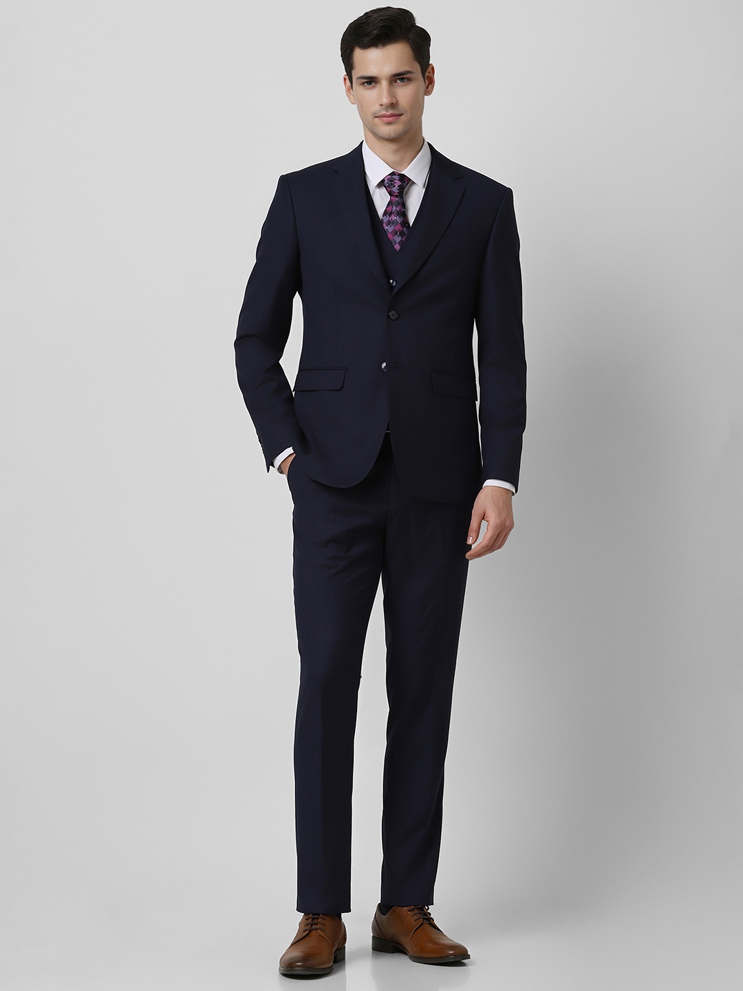 

Peter England Slim-Fit Single-Breasted Three-Piece Formal Suit, Navy blue