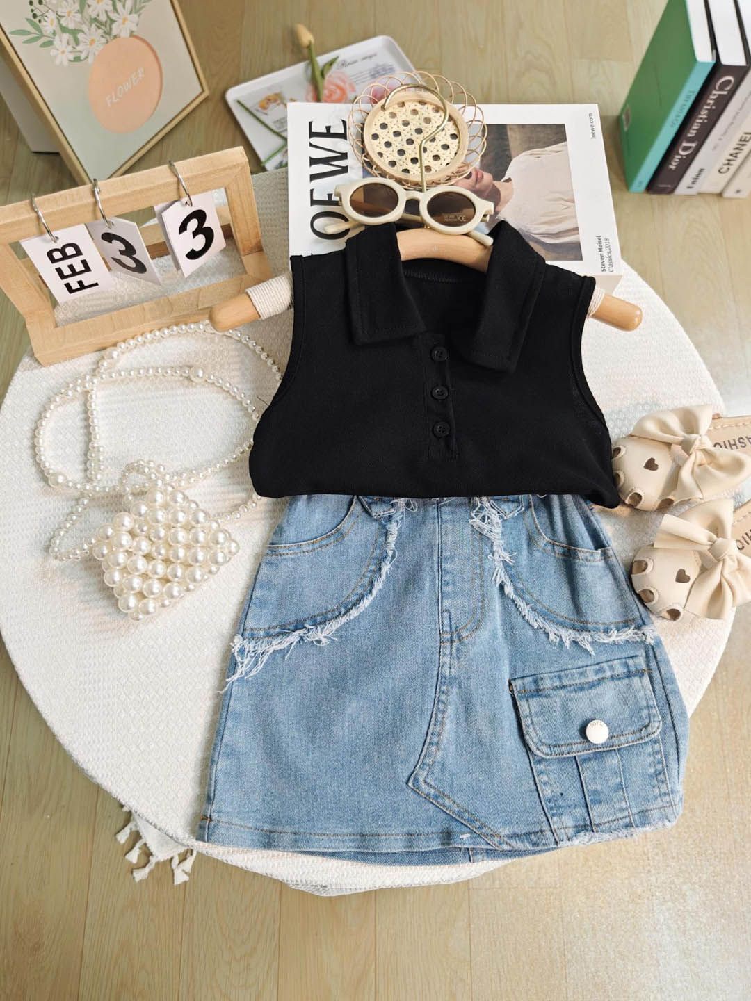 

Xsole Girls Shirt Collar Top With Skirt, Black