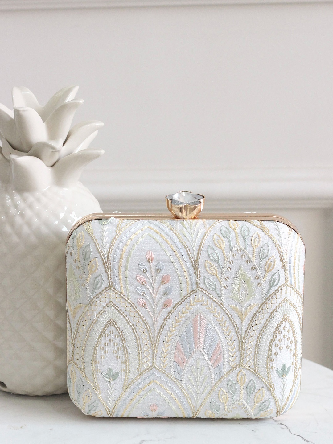 

BOXWISH BY BHUMIKA Ethnic Motifs Embellished Shopper Clutch, White