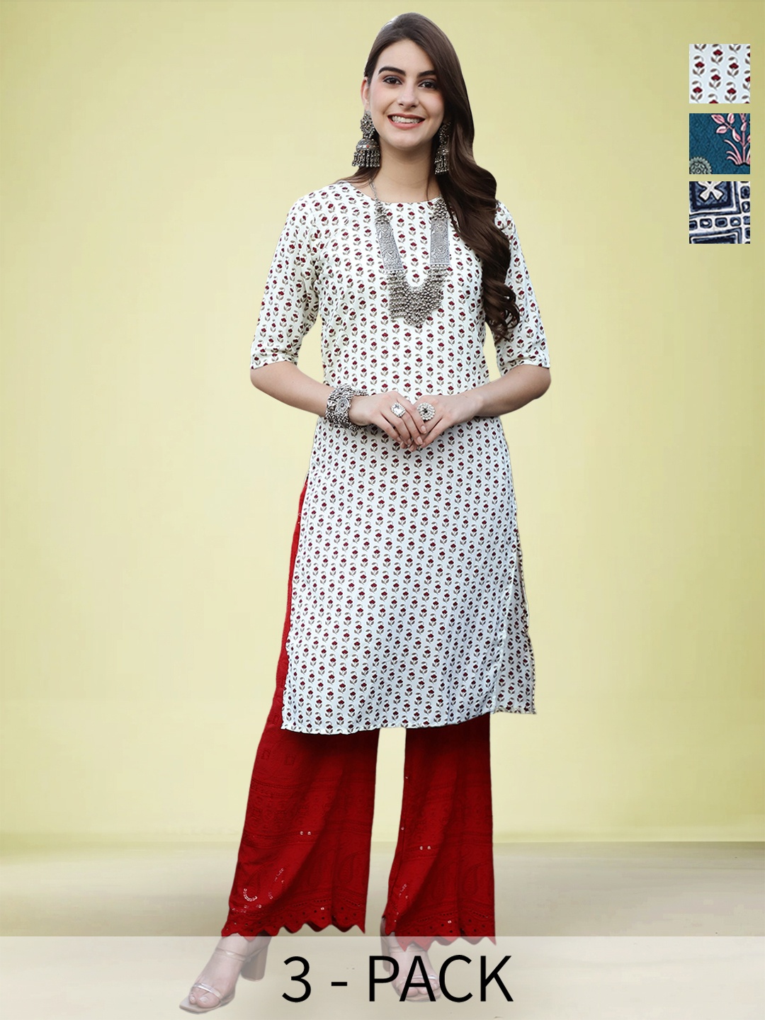 

Moda Rapido Selection Of 3 Floral Printed Round Neck Straight Kurtas, Blue