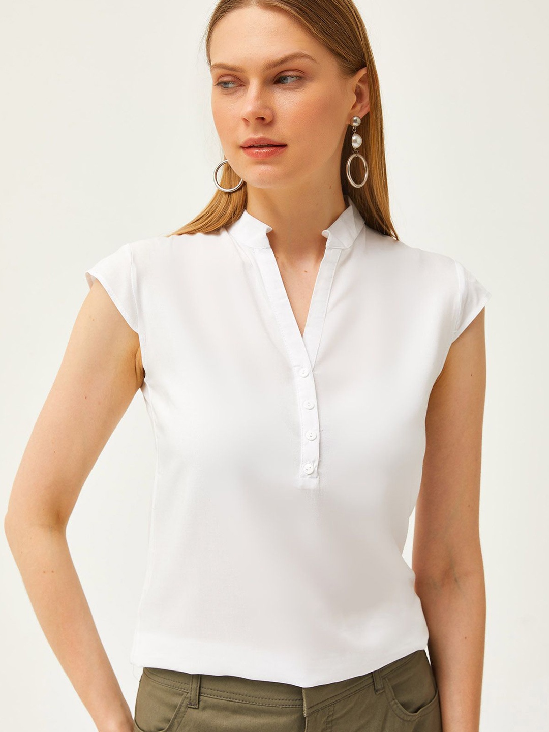 

Olalook Mandarin Collar Cotton Shirt Style Top, Na