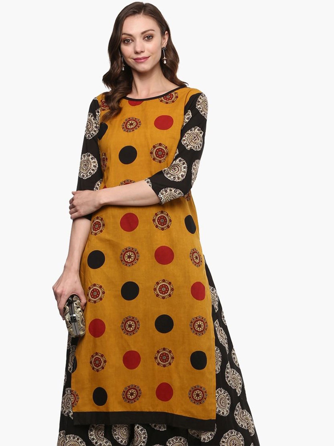 

Dillen Polka Dots Printed Round Neck Pure Cotton Ethnic Straight Kurta, Mustard