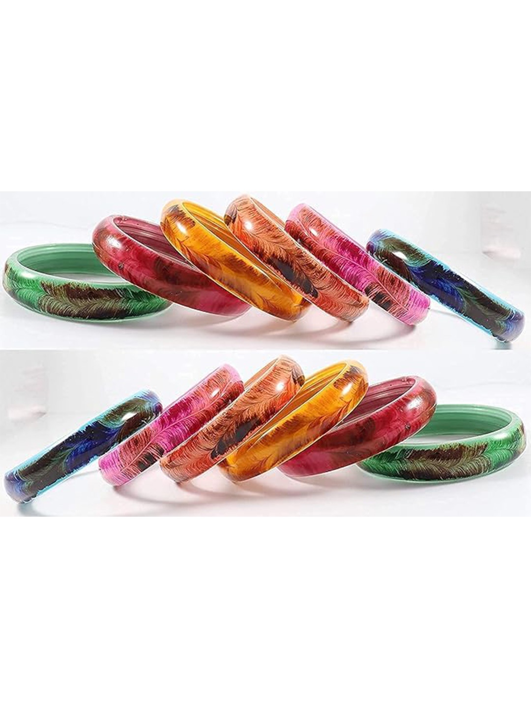 

ZULKA Set Of 12 Feather Printed Glass Bangles, Green