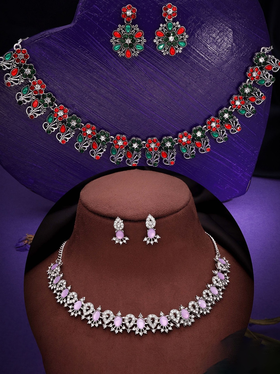 

DIVASTRI Set Of 2 Gold-Plated American Diamond-Studded Jewellery Set, Silver