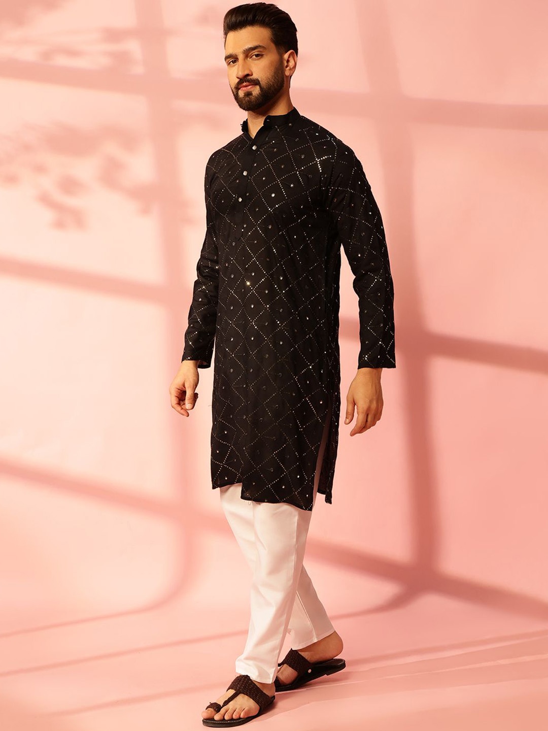 

Anouk Men Embroidered Regular Mirror Work Pure Cotton Kurta with Pyjamas, Black