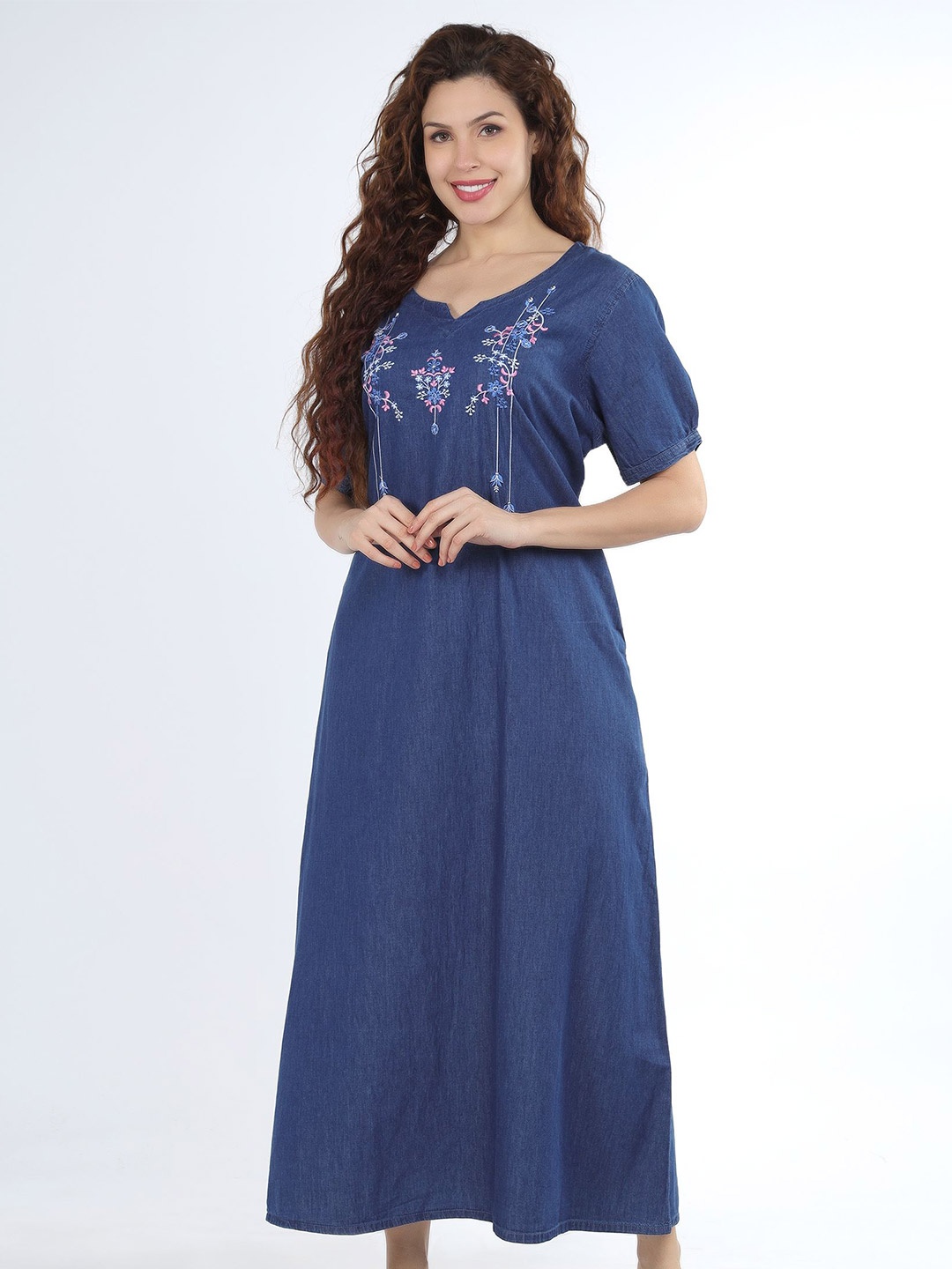 

CEFALU Floral Embroidered Puff Sleeve Denim A-Line Maxi Dress, Blue