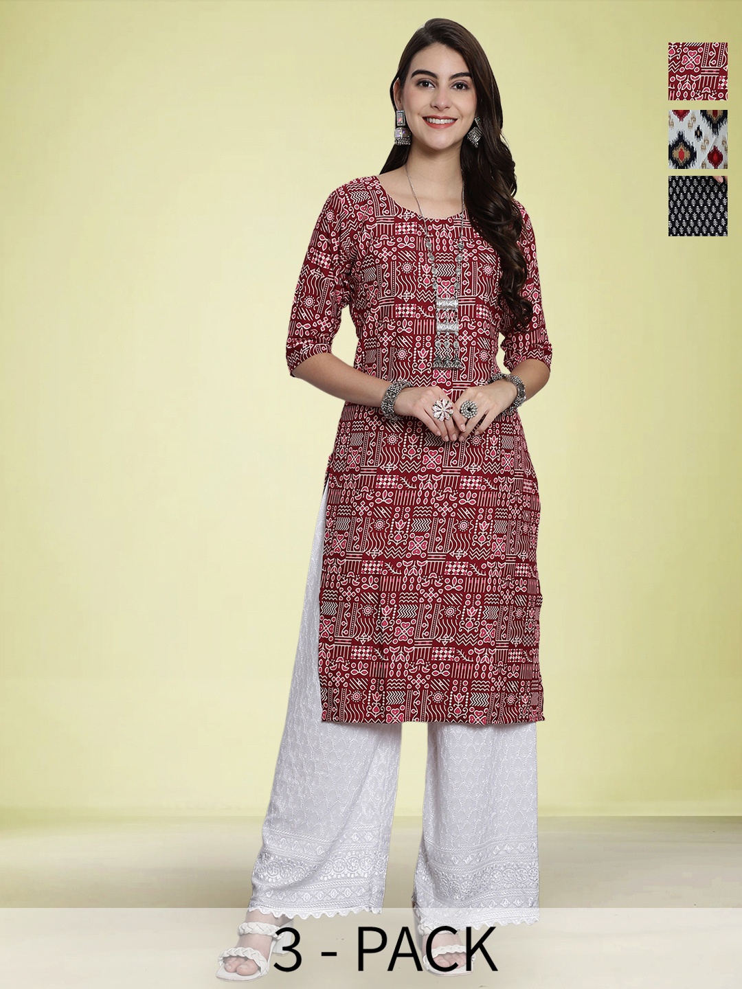 

Moda Rapido Selection Of 3 Geometric Printed Round Neck Straight Kurtas, Red