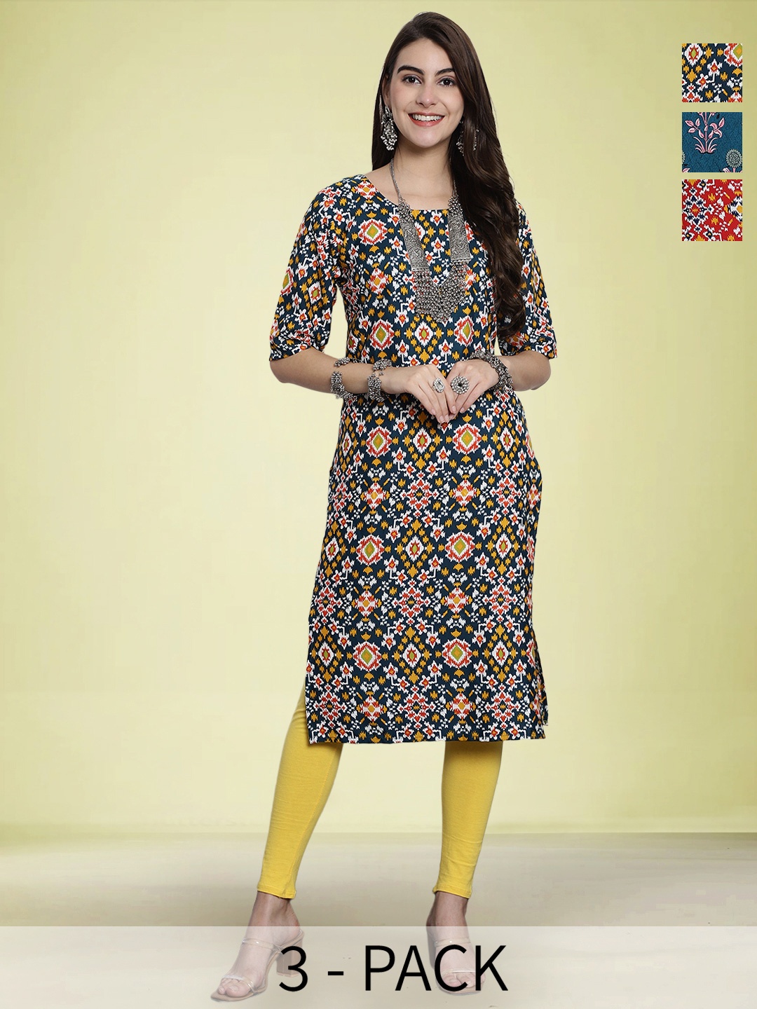 

Moda Rapido Selection Of 3 Geometric Printed Round Neck Ikat Technique Straight Kurtas, Green