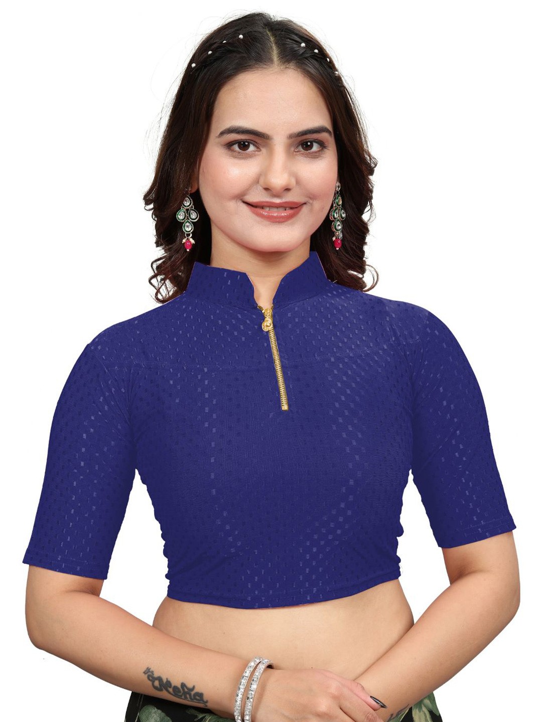 

SS Sanket Synthetics Dobby Textured Zipper Chain Saree Blouse, Navy blue