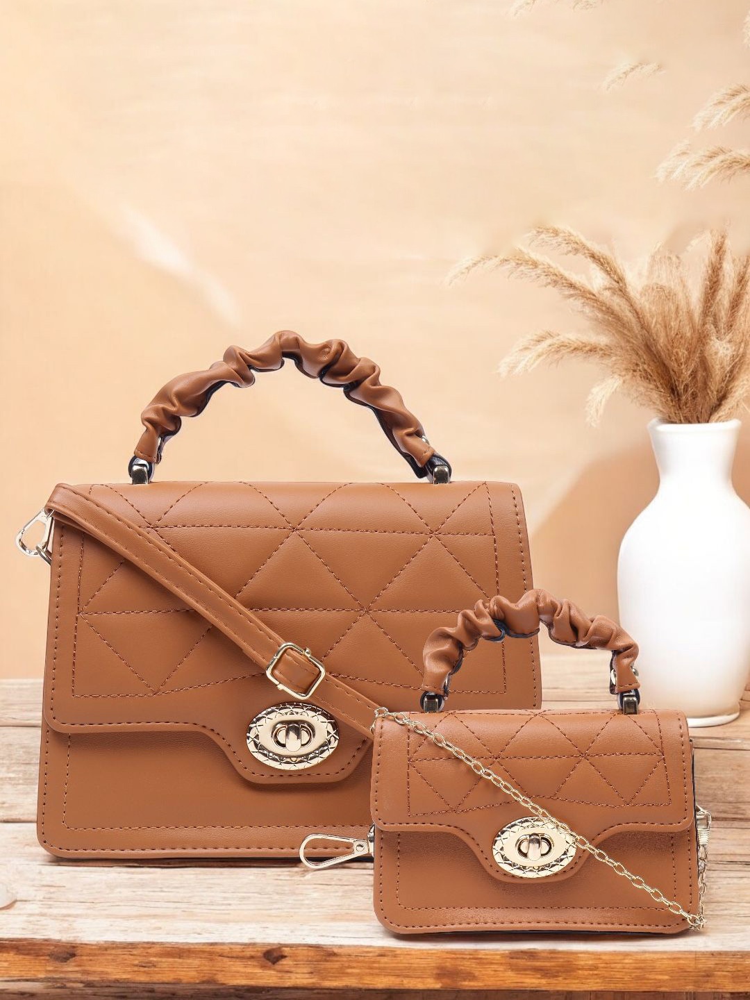 

Pramadda Pure Luxury PU Satchel with Quilted, Tan