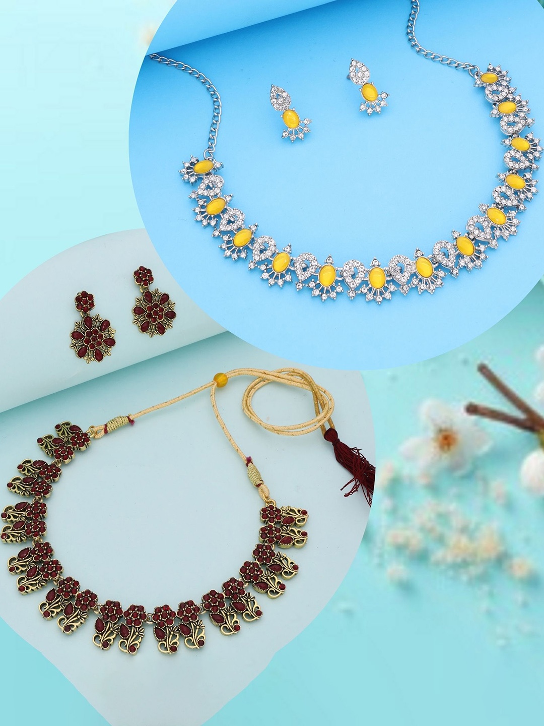 

DIVASTRI Set Of 2 Silver-Plated & Gold-Plated Artificial Stone Studded Jewellery Set
