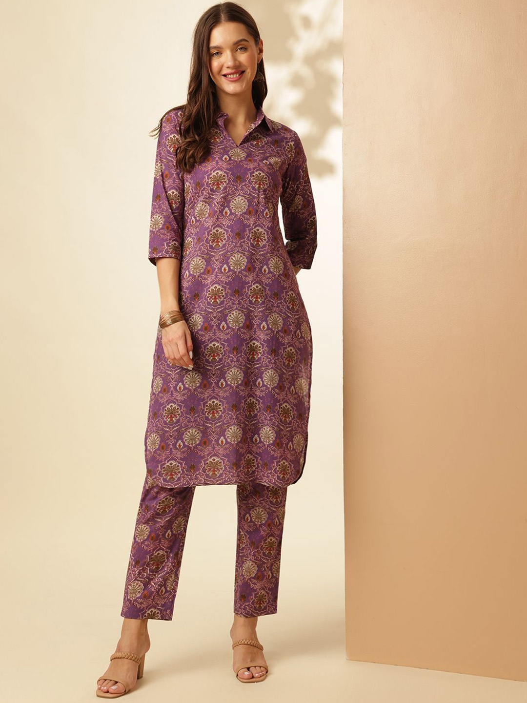 

Anouk Women Ethnic Motifs Printed Regular Pure Cotton Kurta with Trousers, Purple