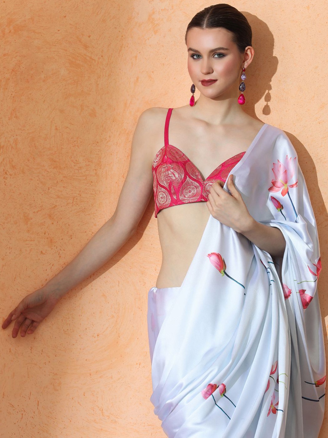 

Jaipur Kurti Floral Satin Saree, White