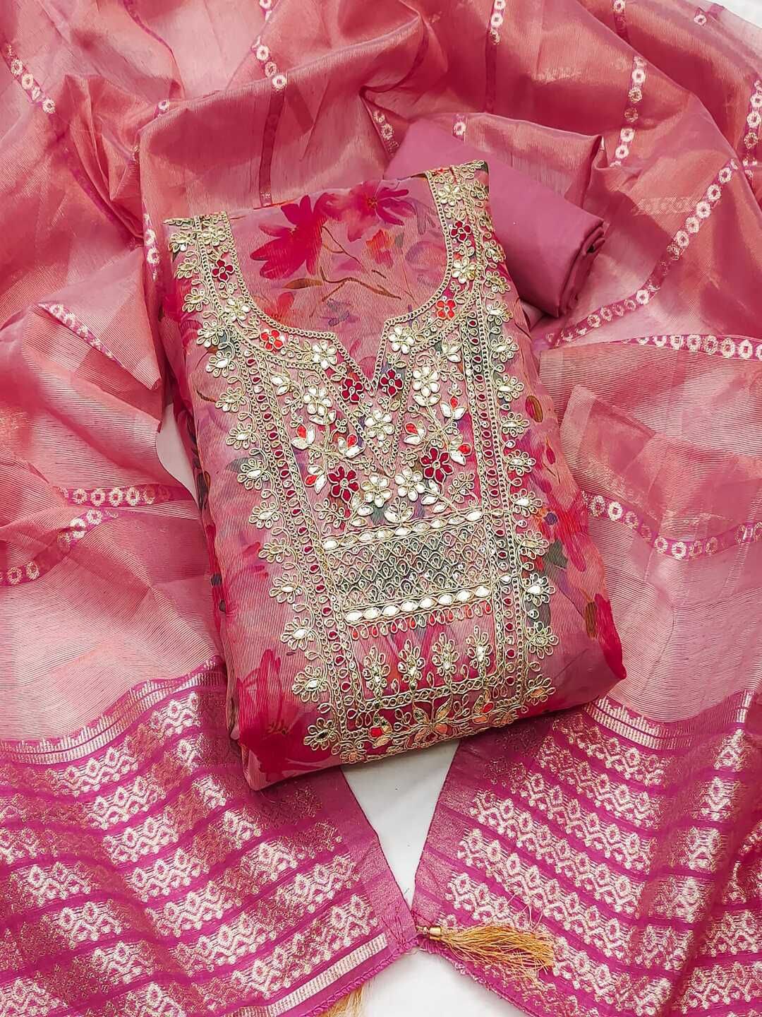 

REALLTREND Floral Sequinned Embroidered Unstitched Dress Material, Pink