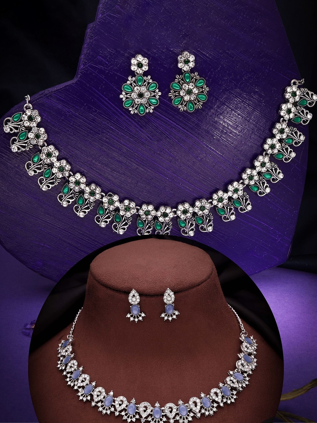 

DIVASTRI Set Of 2 Silver-Plated American Diamond Studded Jewellery Sets