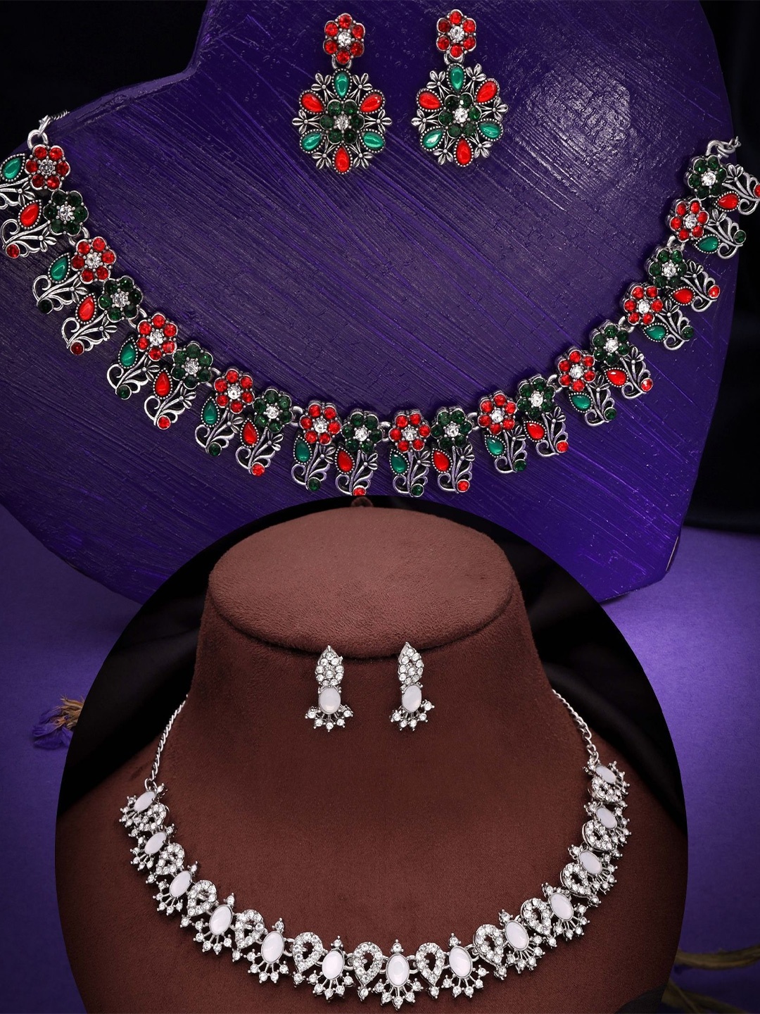 

DIVASTRI Set Of 2 Silver Plated American Diamond Studded Jewellery Set