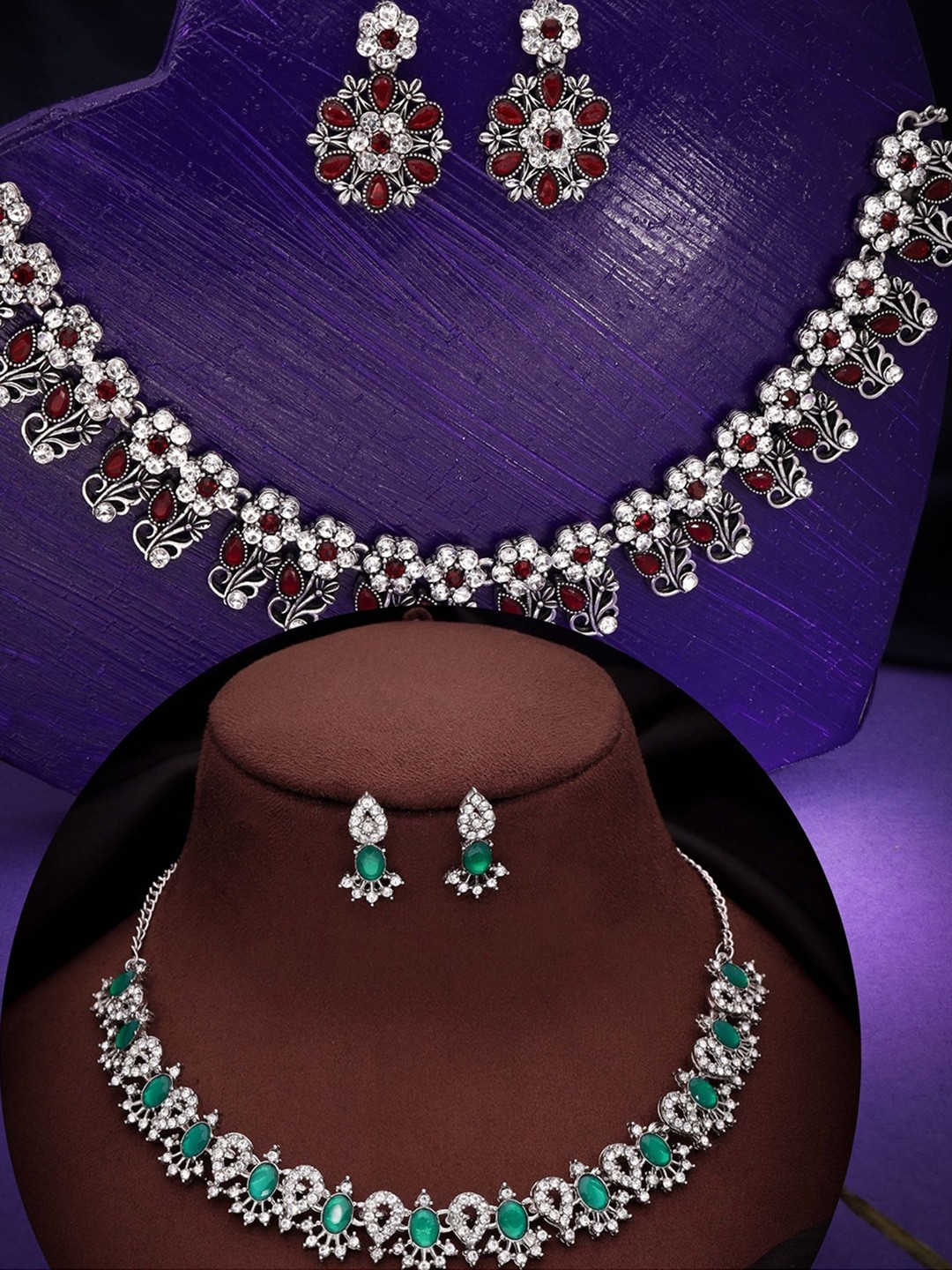

DIVASTRI Set Of 2 Silver Plated & Gold Plated American Diamond Studded Jewellery Sets