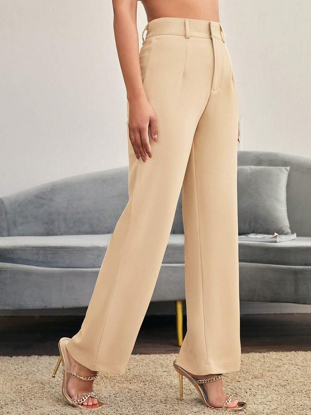 

Chemistry Women Relaxed Straight Leg Flared High-Rise Trousers, Beige