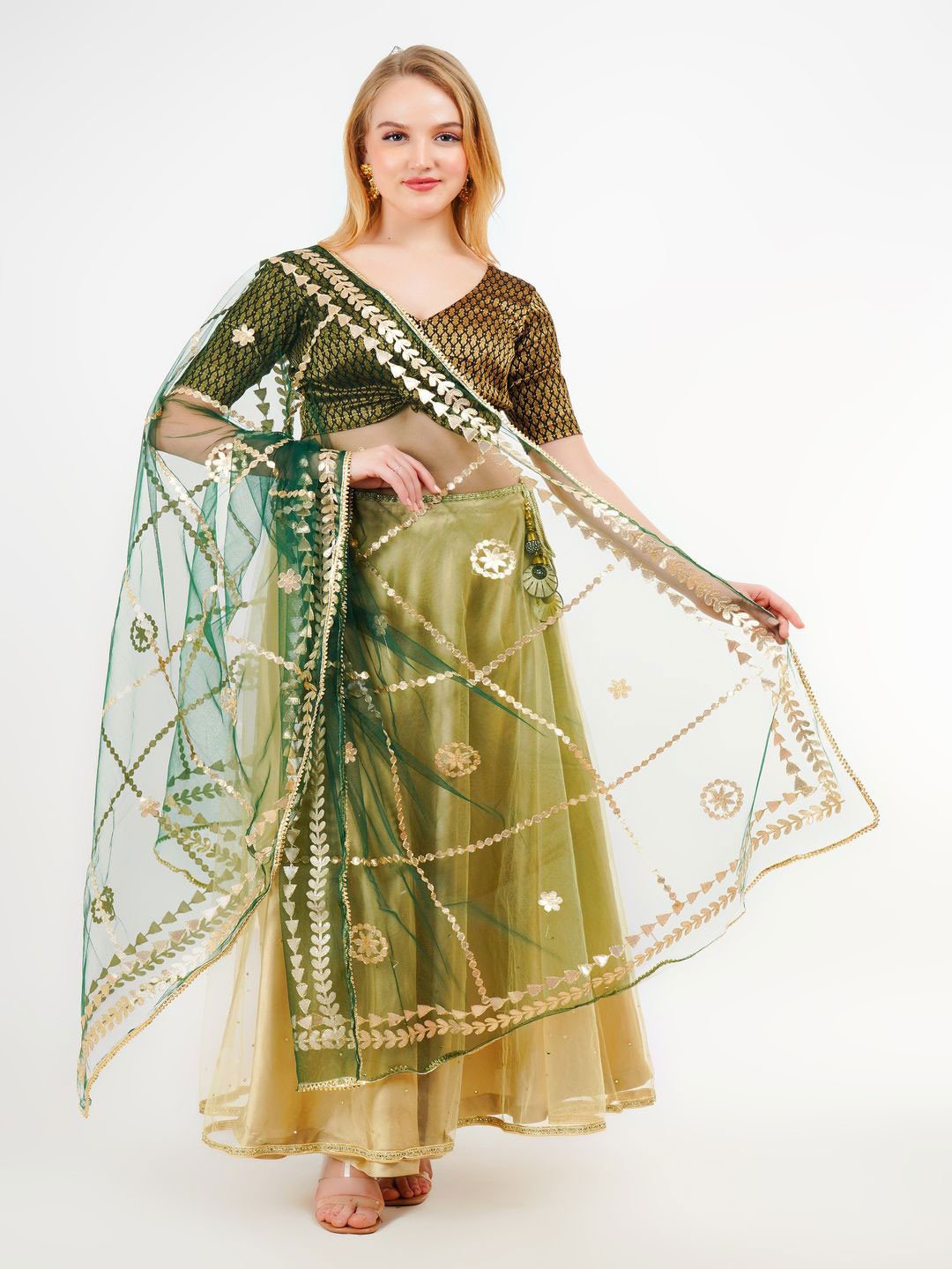 

Karthav Fashion Floral Embroidered Gotta Patti Net Dupatta, Green