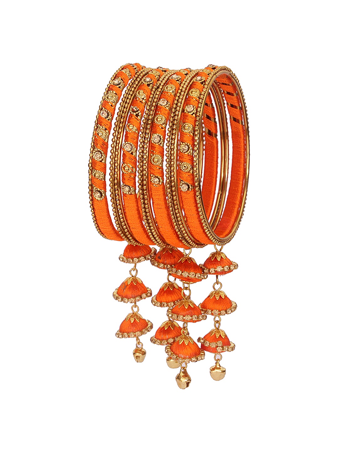 

ZULKA Set Of 12 Metal With Silk Thread Latkan Bangle & Stone Studded Bangles, Gold