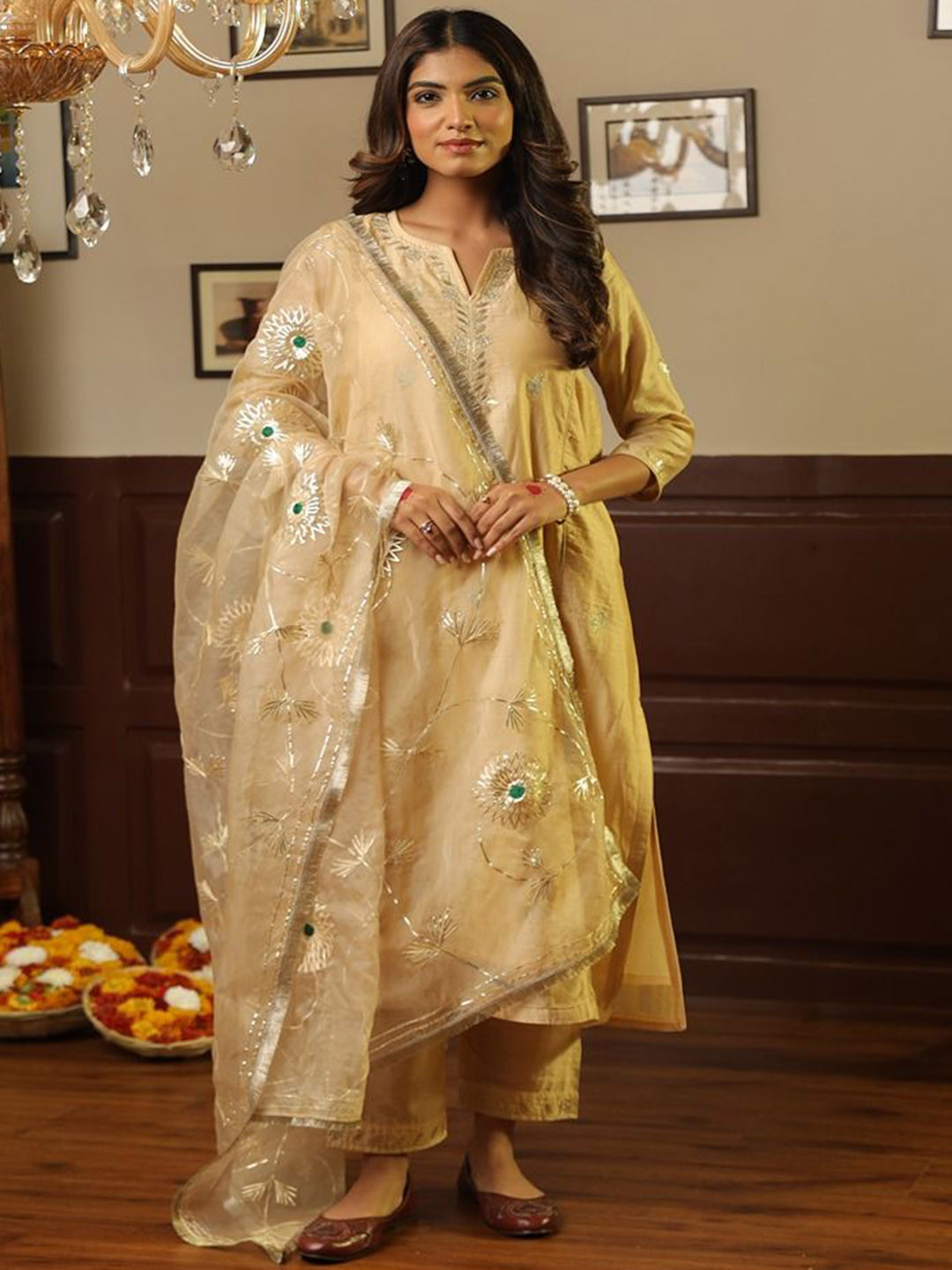 

ASRUMO Women Embroidered Regular Chanderi Silk Kurta with Trousers & With Dupatta, Gold