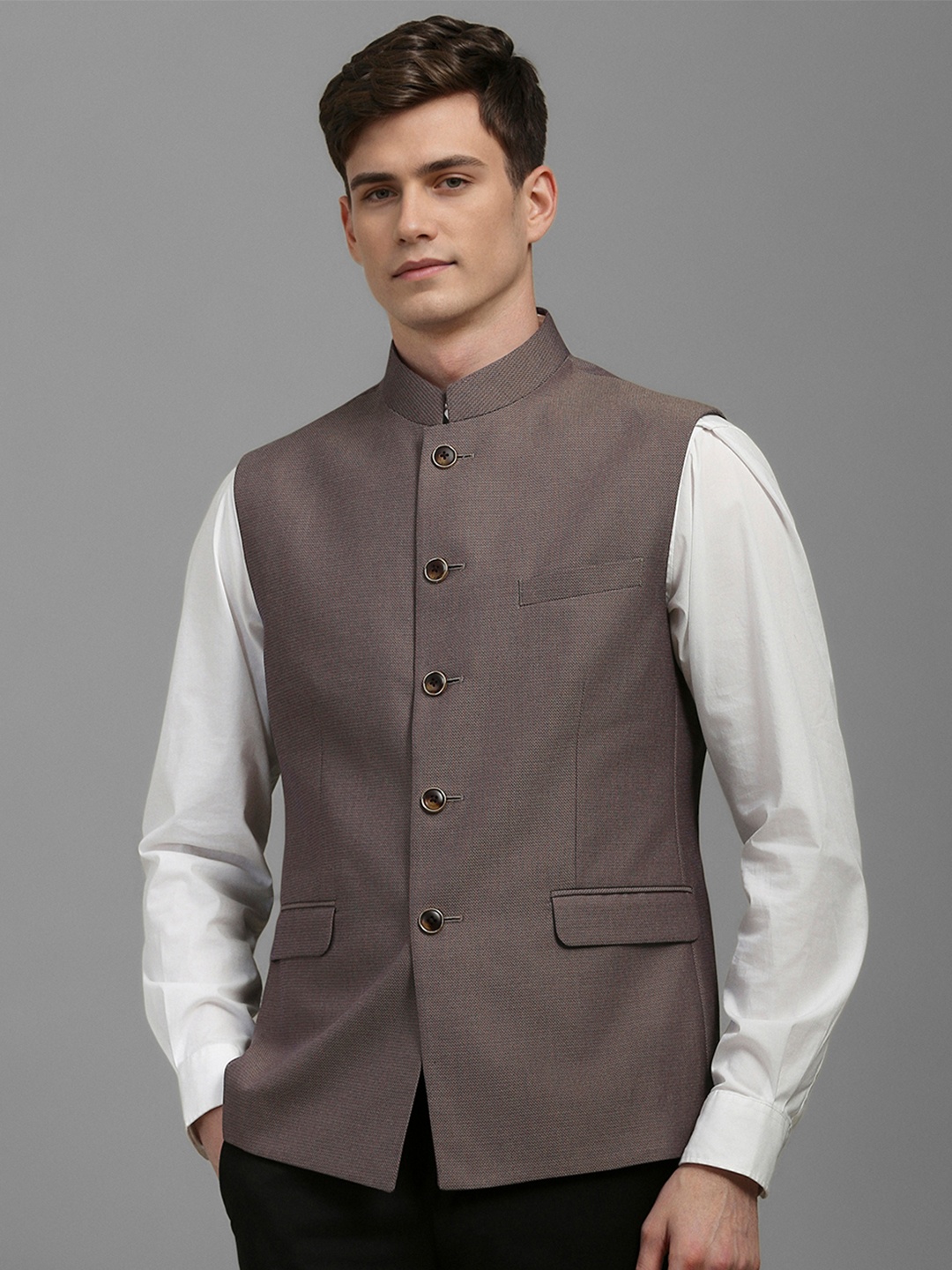 

Louis Philippe Men Textured Slim Fit Casual Nehru Jacket, Brown