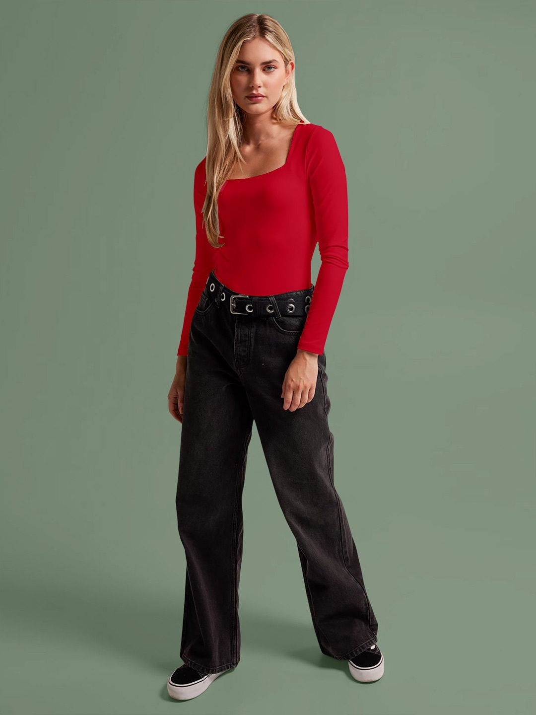 

Dream Beauty Fashion Solid Square Neck Long Sleeves Top, Red