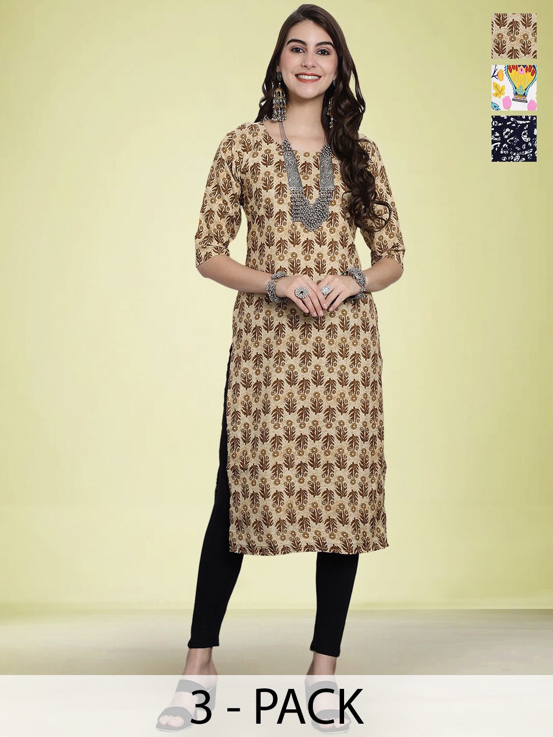 

Moda Rapido Selection Of 3 Floral Printed Round Neck Straight Kurtas, Beige