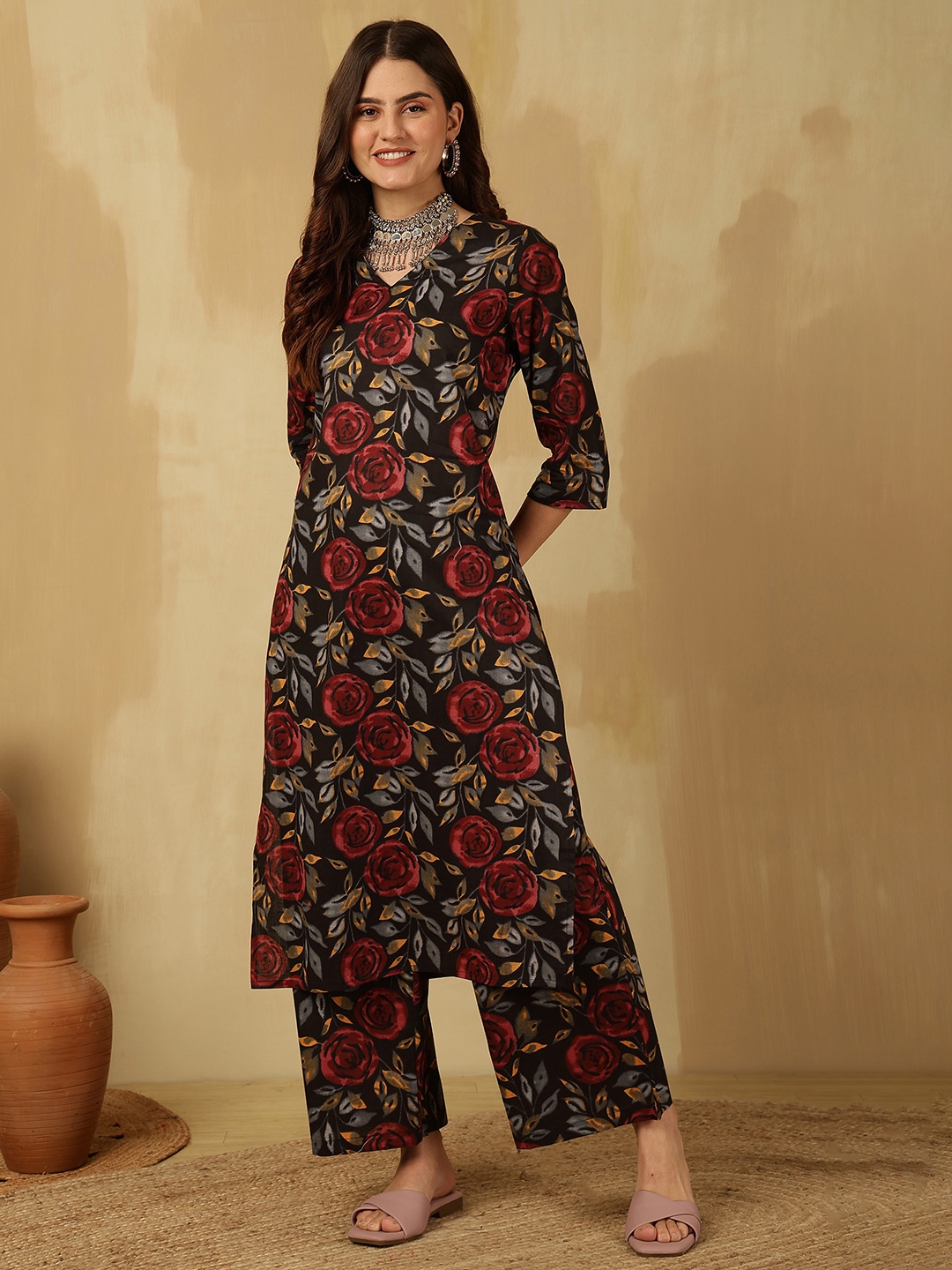 

Anouk Rustic Women Floral Printed Regular Pure Cotton Kurta with Palazzos, Black