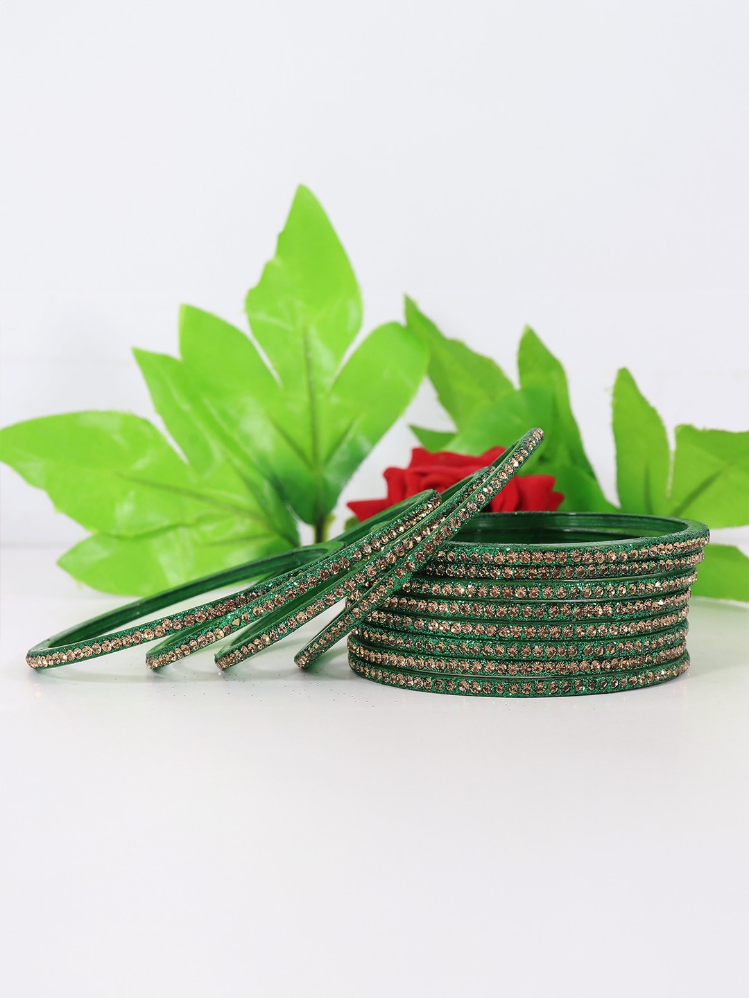 

ZULKA Set Of 12 Glass With Zircon Gemstone Studded Glossy Finished Bangles, Green