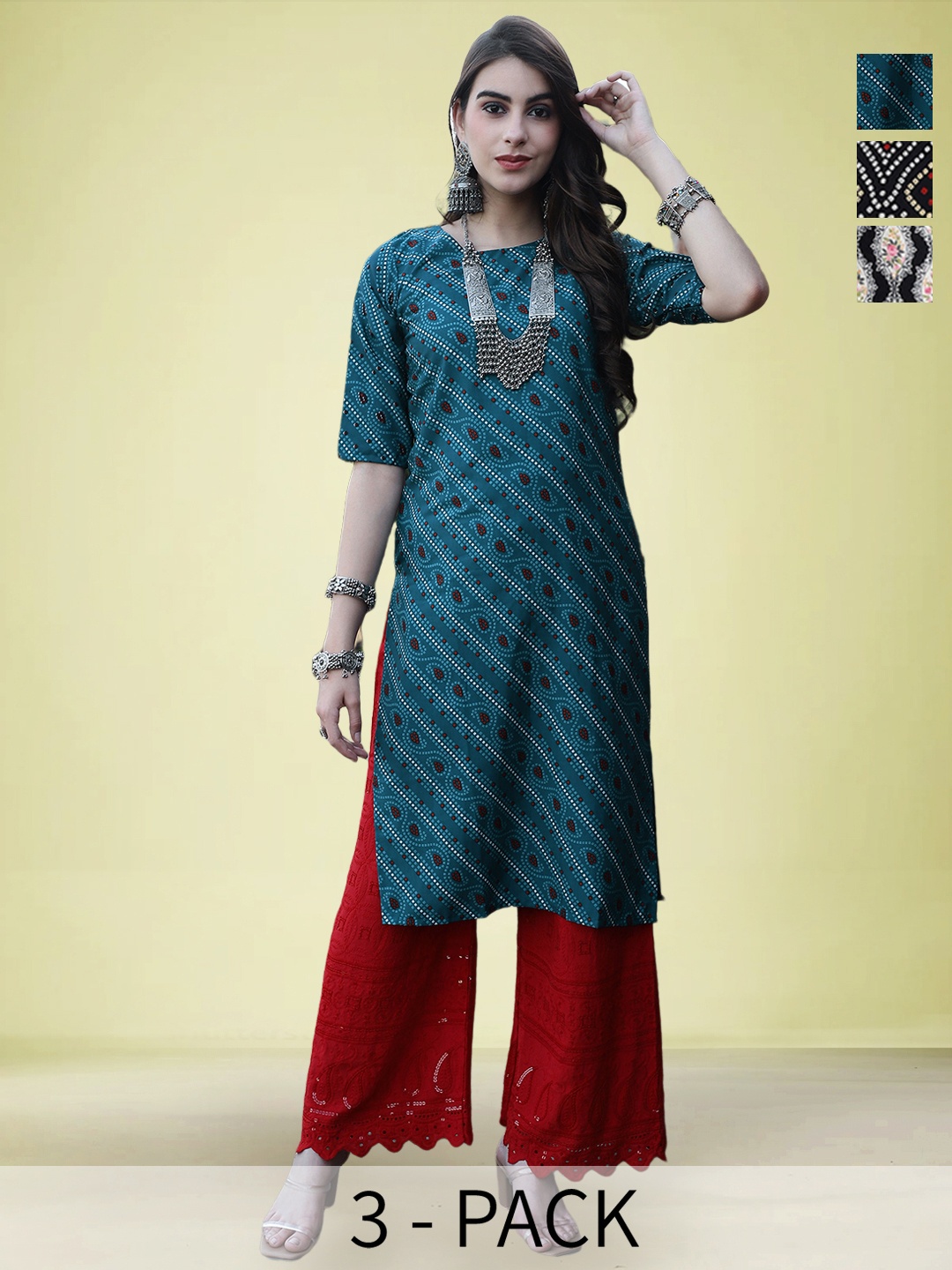 

Moda Rapido Selection Of 3 Bandhani Printed Round Neck Straight Kurtas, Teal