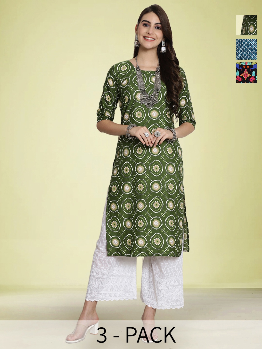 

Moda Rapido Selection Of 3 Floral Printed Round Neck Straight Kurtas, Black