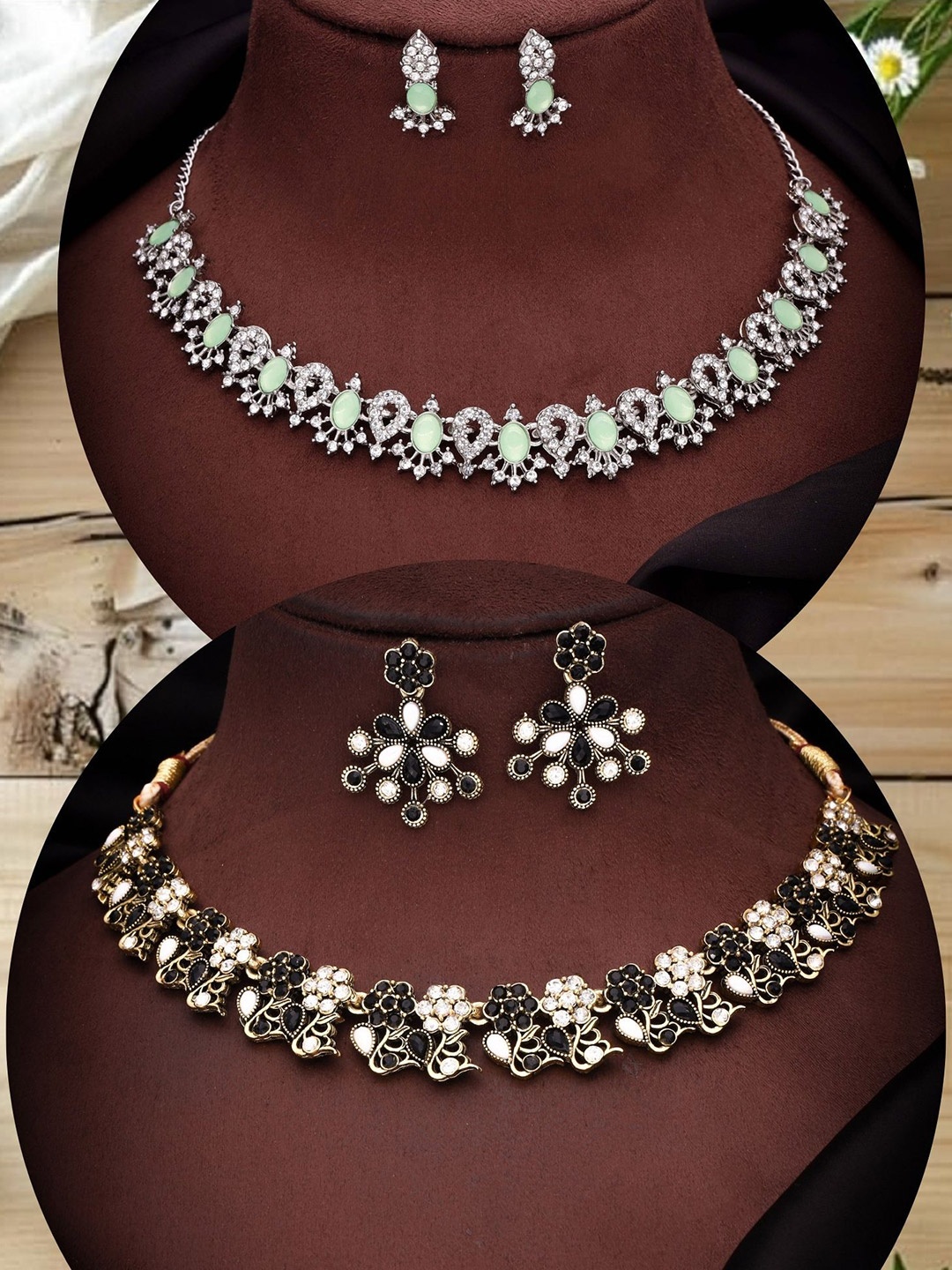 

DIVASTRI Set Of 2 Gold & Silver-Plated American Diamond-Studded Jewellery Sets